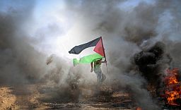 man surrounded by smoke carrying Palestinian flag